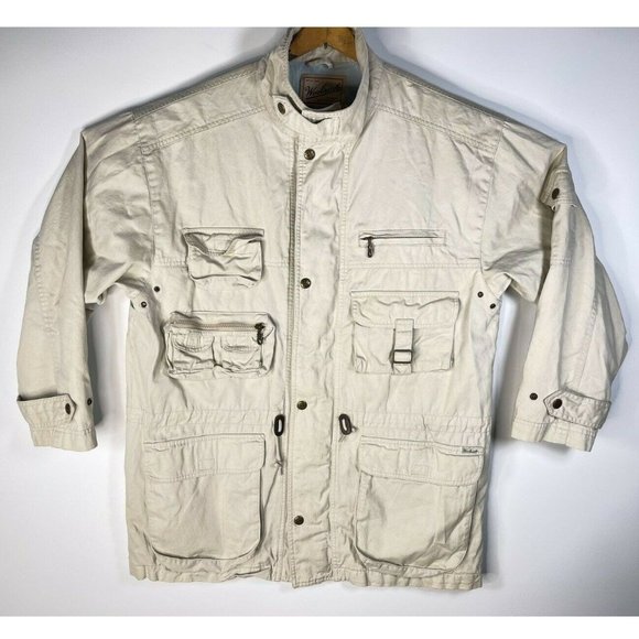 Vintage 90s Woolrich Beige Cotton Utility Work Jacket Mens Size Large Made in Ma - Picture 1 of 10